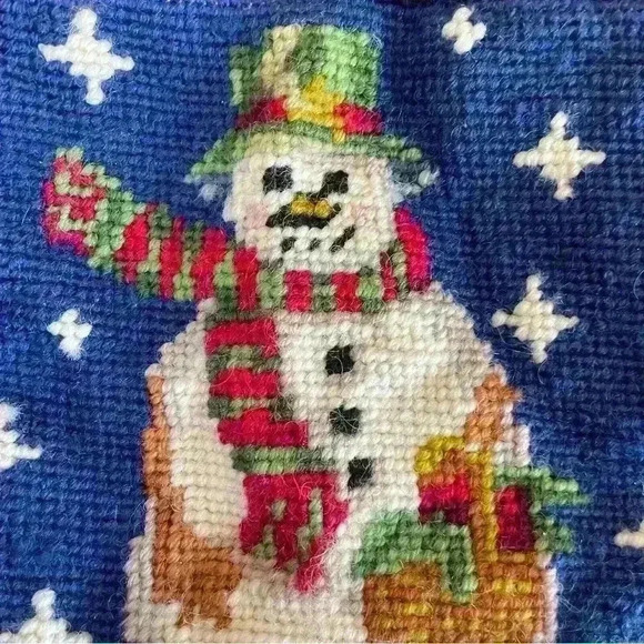Vintage Needlepoint Blue Snowman Pot Holder Wall Hang Corduroy 9”x7” Christmas - Picture 3 of 5